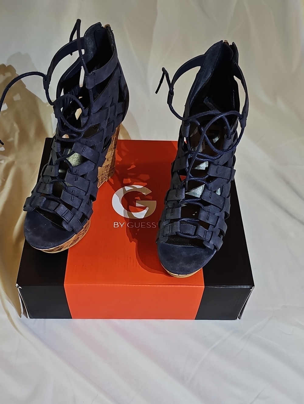 G by Guess Navy Lace-Up Cork Wedge Sandals
